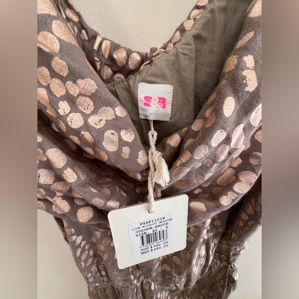 Sass and Bide Artistic print Dress dark tan with gold shaped irregular dots - Picture 3 of 7